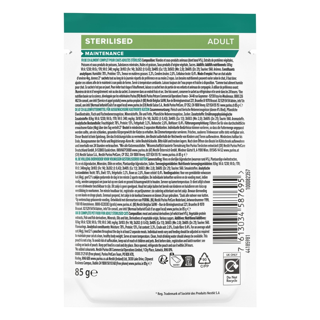 Pro Plan Sterilized Adult Renal Plus Wet Cat Food Pouch Beef in Gravy 85g