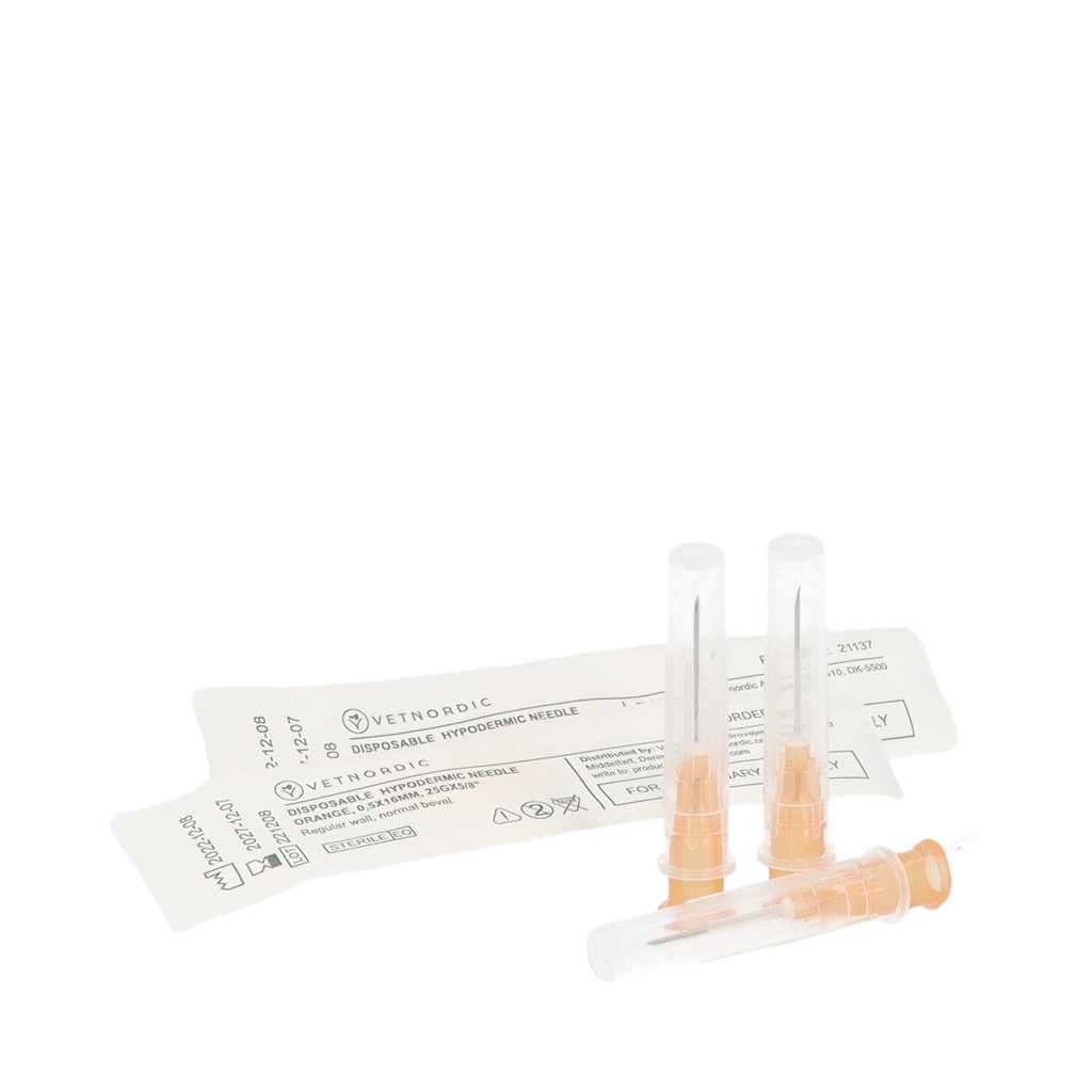 Disposable Hypodermic Needle, 0.5 x 16 mm, 25G x 5/8", orange, 100 pcs