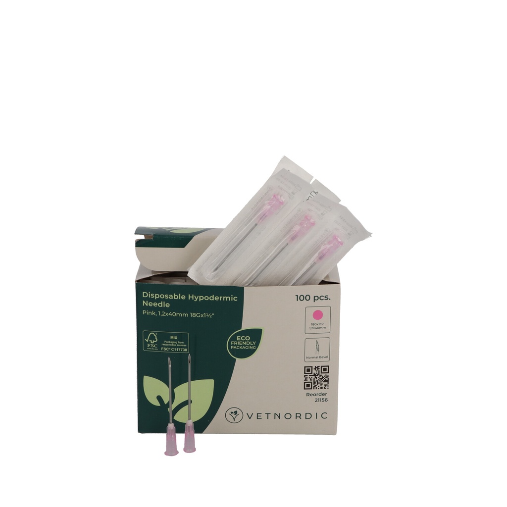 Disposable Hypodermic Needle, 1.2 x 40 mm, 18G x 1½", pink
