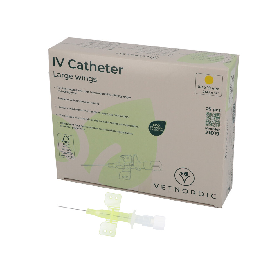 IV Catheter, w/large wings, 0.7 x 19 mm, 24G x ¾", yellow