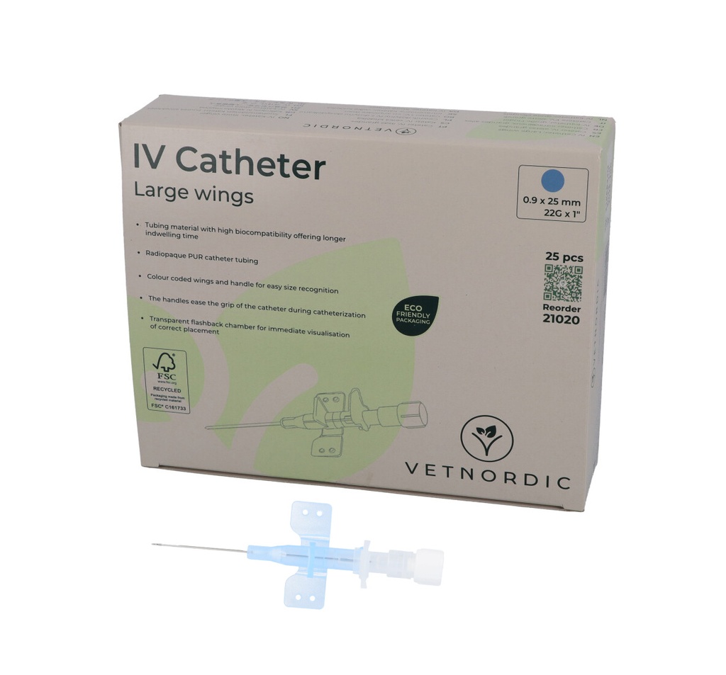 IV Catheter, w/large wings, 0.9 x 25 mm, 22G x 1", blue