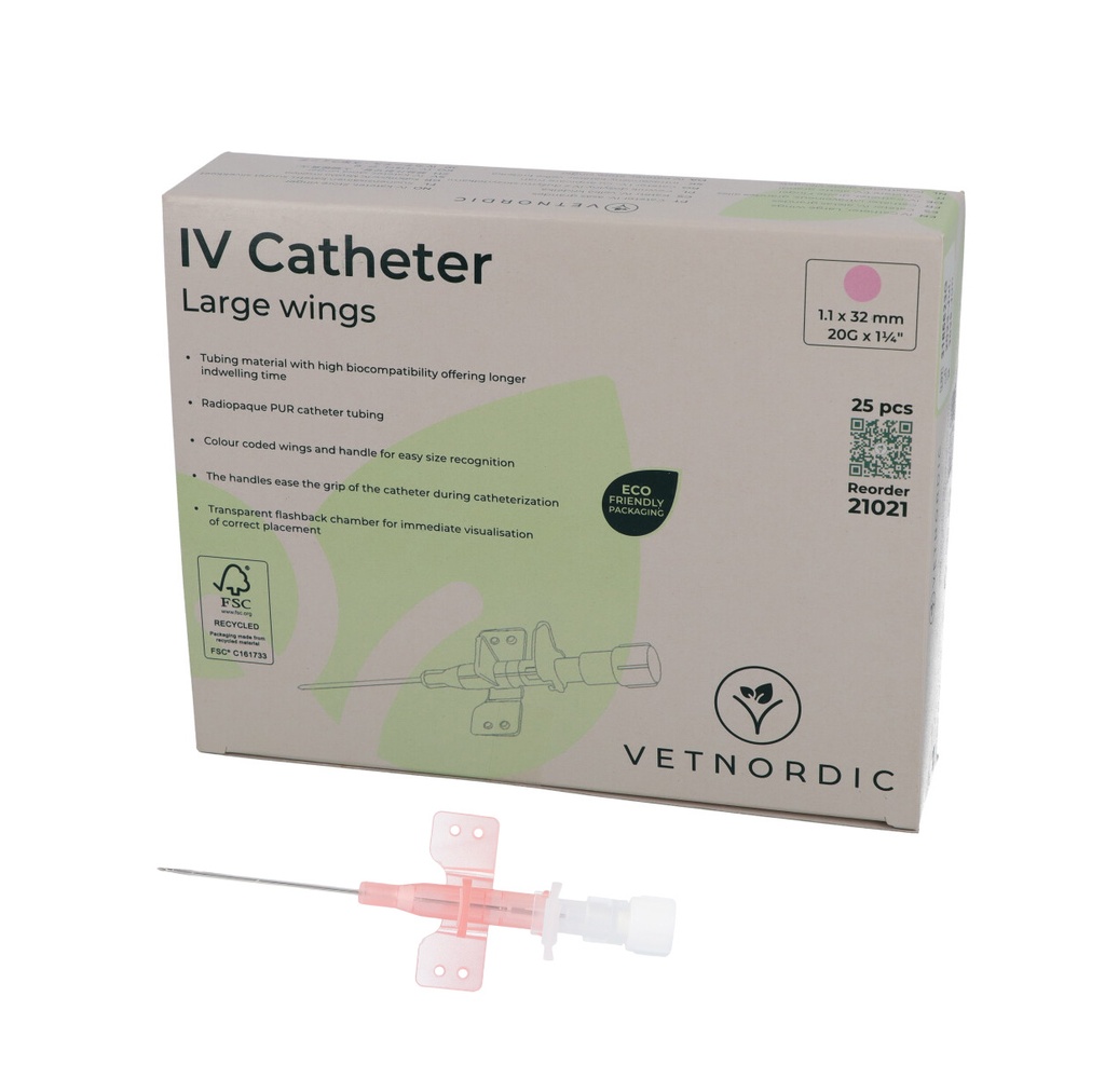 IV Catheter, w/large wings, 1.1 x 32 mm, 20G x 1¼", pink