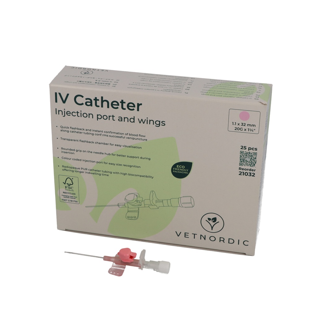 IV Catheter, w/injection port and wings, 1.1 x 32 mm, 20G x 1¼", pink