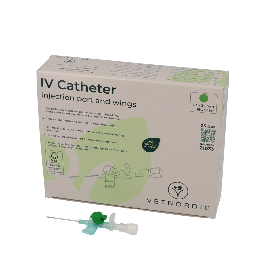 IV Catheter, w/injection port and wings, 1.3 x 32 mm, 18G x 1¼", green