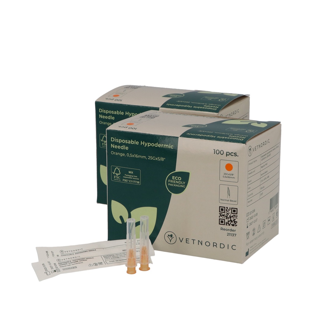 Disposable Hypodermic Needle, 0.5 x 16 mm, 25G x 5/8", orange