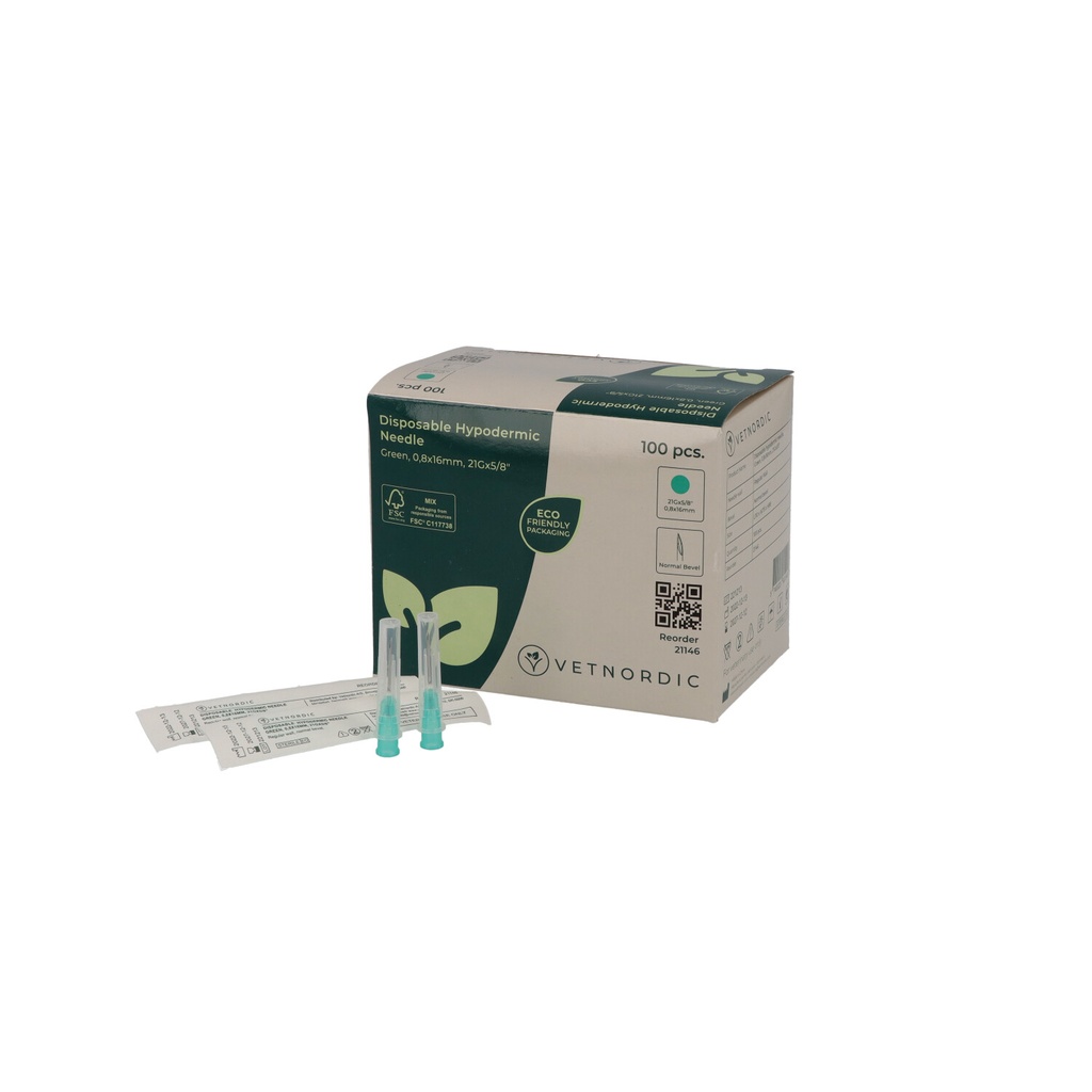 Disposable Hypodermic Needle, 0.8 x 16 mm, 21G x 5/8", green