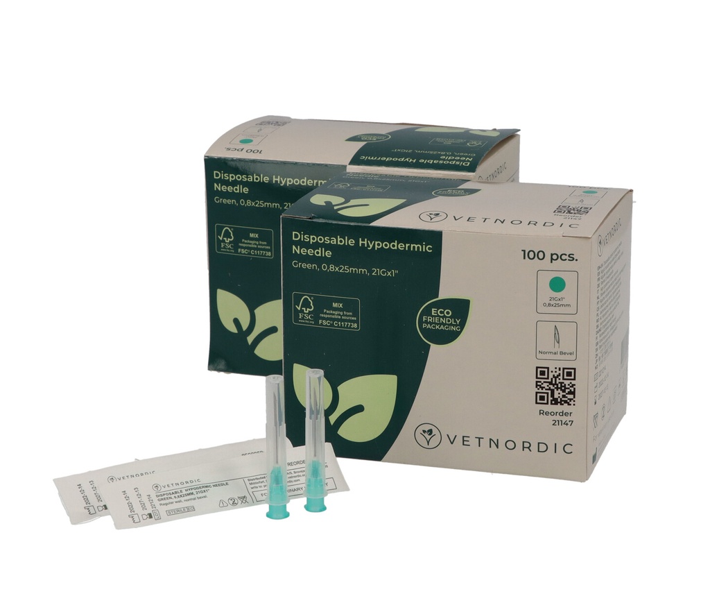 Disposable Hypodermic Needle, 0.8 x 25 mm, 21G x 1", green