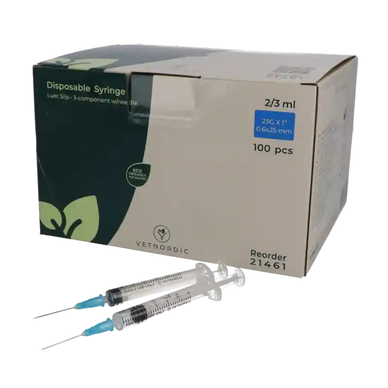 Disposable Syringe w/needle, centric, 3-comp, 2/3 ml,  0.6 x 25 mm, 23G x 1", blue