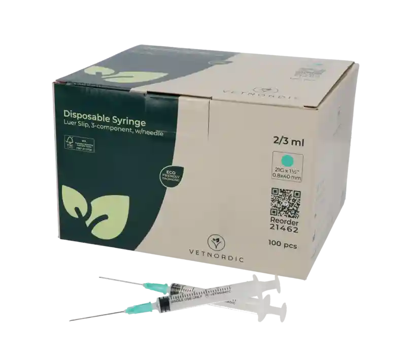 Disposable Syringe w/needle, centric, 3-comp, 2/3 ml,  0.8 x 40 mm, 21G x 1½", green